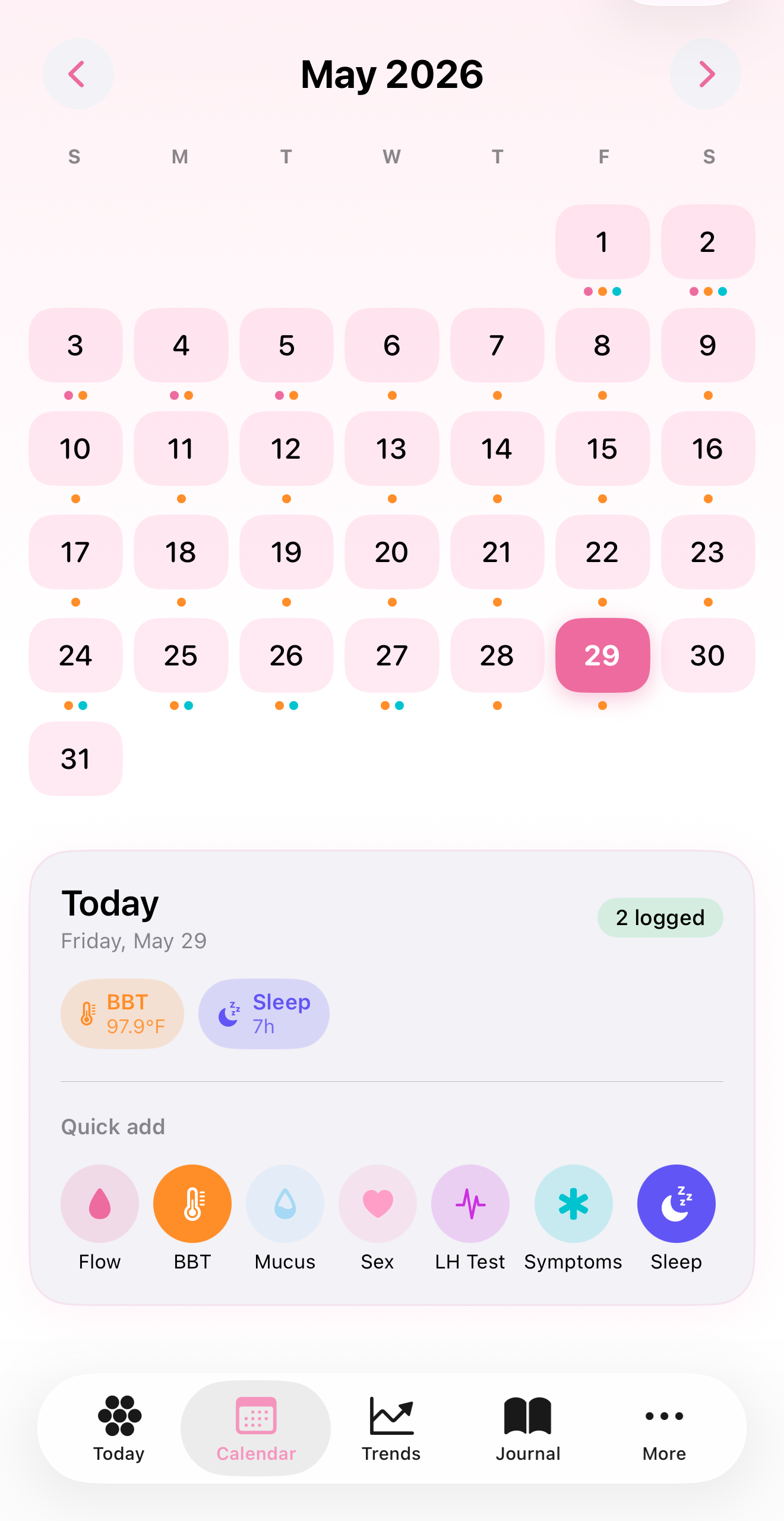 Cycle calendar showing phases and quick-add