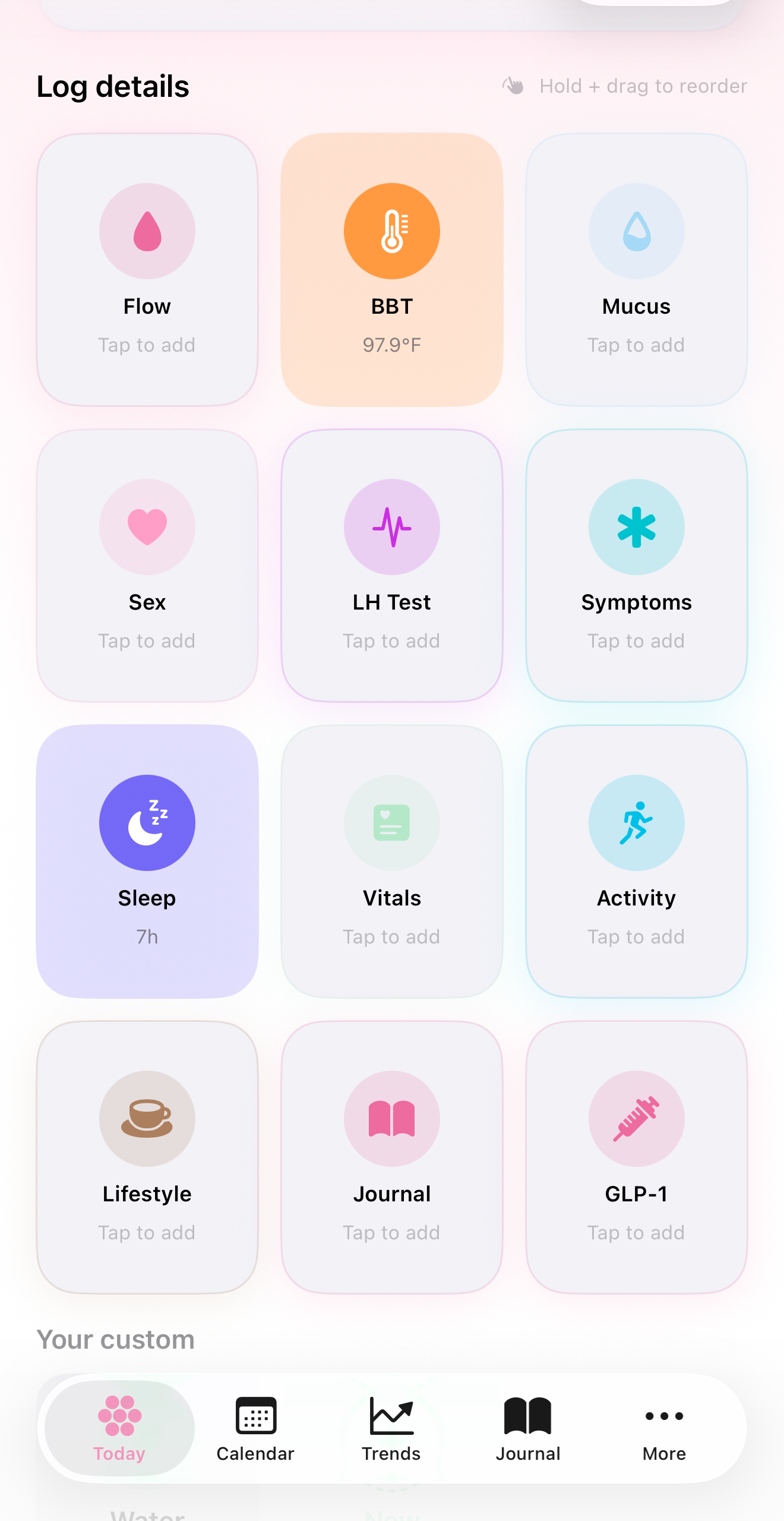 Log details grid with built-in categories and custom fields